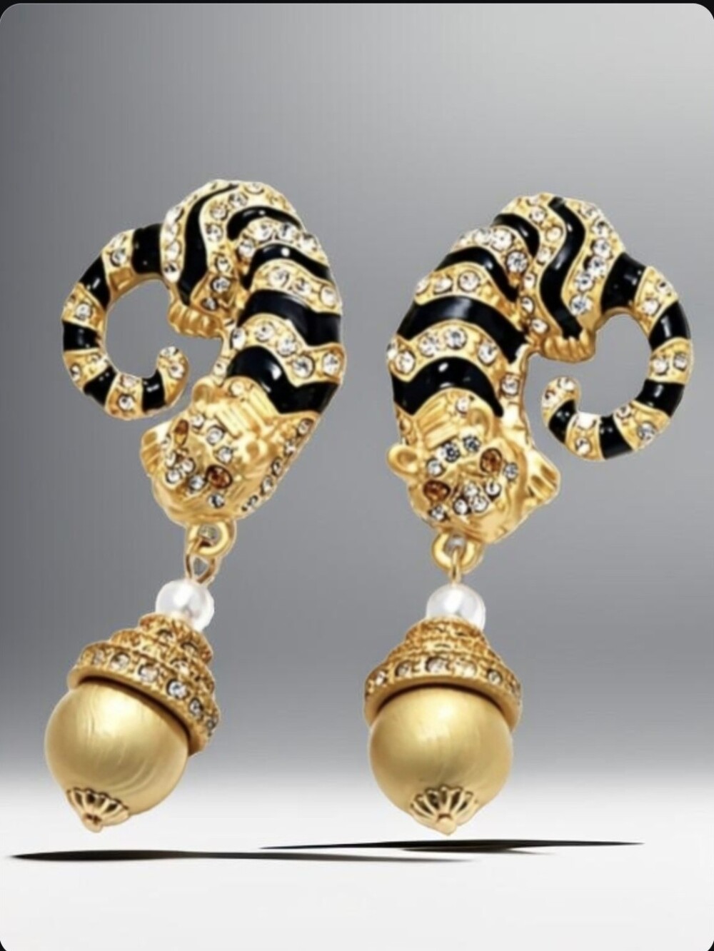 18k Matte Gold Plated Dangling Panther Leopard Enamel Zircon Crystal Earrings